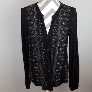 Lucky Brand Black Floral & Dotted Button Down Knit
